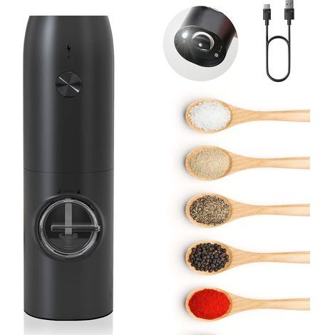 Wiederaufladbare elektrische Pfeffermühle, automatische Salz- und Pfeffermühle mit weißem LED-Licht, einstellbarem Mahlgrad, Einhandbedienung, ideal für Küche, Restaurant, Grillen und Camping (1/5)