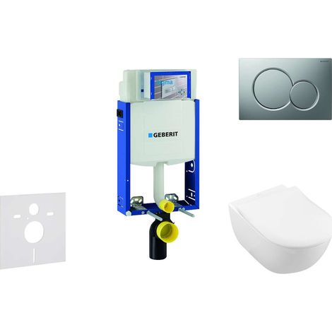 Geberit Kombifix - Módulo para inodoro suspendido con pulsador Sigma01, cromo mate + Villeroy Boch - inodoro y asiento, DirectFlush, SoftClose, CeramicPlus 110.302.00.5 NI3