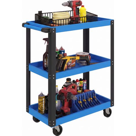 HOMCOM carro de taller, carro de herramientas con 3 estantes, ruedas y asa, para garaje mecánico, hogar, carga 120 kg, azul y negro (1/5)