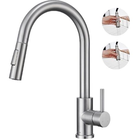 Robinet de Cuisine avec Douchette Extractible Mitigeur Cuisine Bec Rotatif Mitigeur d'Évier en Acier Nickel Brossé (1/4)