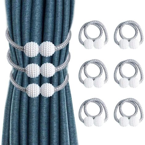 Lot de 6 Embrasses de Rideaux, Embrasses Rideau Aimantée Fenêtre à Billes Faux Perles Boucle de Rideau Pince pour Décoration de Bureau Maison (Gris) (1/5)
