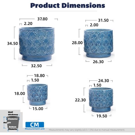 Mittelgroßer Einzel-Keramik Pflanztopf Ø31,5 cm, glänzendes leuchtendes Blau mit rundem Herz-Schwung-Relief, atmungsaktiv, frostsicher mit Ablaufloch für Mittelpflanzen und Küchenkräuter (1/5)