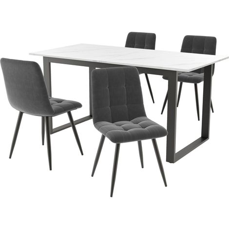 Ensemble de salle à manger avec table extensible 140/180×80×75 cm et 4 chaises en velours gris, plateau MDF blanc, pieds métalliques noirs (1/5)