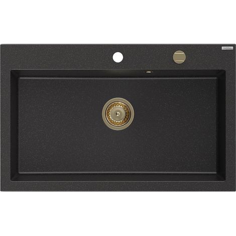 Mexen Elix lavello in granito 1-vasca 800 x 500 mm, nero/argento metallico, sifone dorato - 6527801005-73-G (1/5)