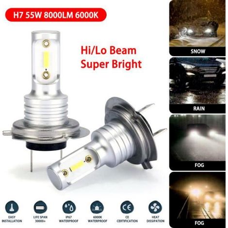 Kit d'ampoules de phares LED H7, Angle de faisceau 360 degrés, faisceau Hi/Lo 55W 8000LM 6000K, Super lumineux (1/4)