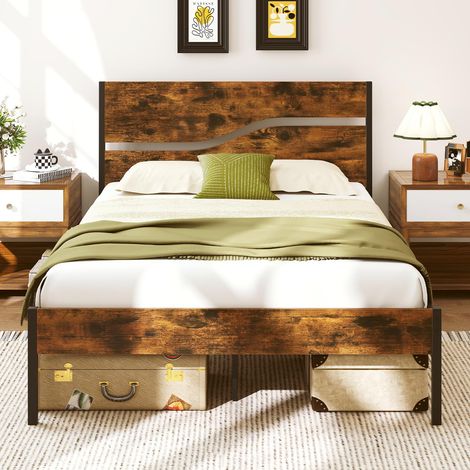 COSTWAY Letto Matrimoniale 140 x 200 cm, Struttura Letto in Metallo Industriale con Testiera e Pediera in Legno, Silenzioso, Carico Massimo 360 kg (1/5)