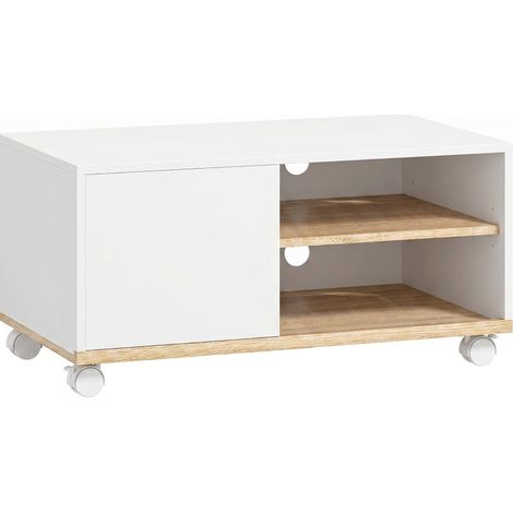 Meuble TV sur roulettes blanc et bois clair, meuble télévision avec rangements, porte, étagère réglable et passe-câbles, pour écran jusqu’à 32 pouces – CHICFURN (1/5)