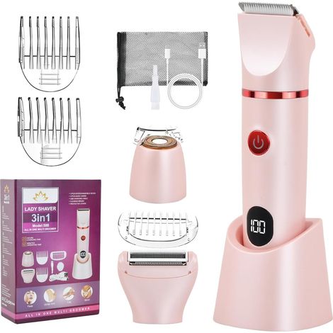 Rasoir Électrique Femmes, 3 en 1 Tondeuse Electrique Femme Intime avec 3 Têtes de Lame Amovibles, Tondeuse de Bikini Femmes Utilisation Humide et Sèche, Tondeuse Pubis Femme Rechargeable (Rose) (1/5)