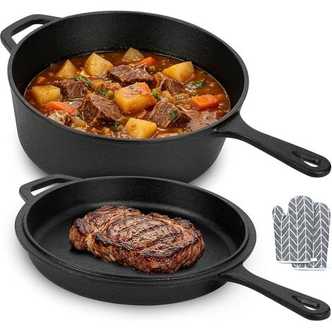 Ensemble de casserole et poêle 2 en 1 en fonte de 4,5 l + poêle de 1,5 l comme couvercle, cocotte pour four, cuisinière à gaz, électrique et à induction, convient pour rôtir, braiser et cuire au four (1/5)