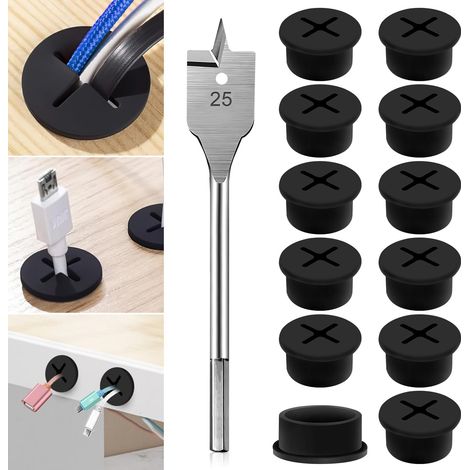 Passe-Câble En Silicone Flexible Couvercle De Trou De Câble 25mm Passe  Cable En Silicone Passe Cable Bureau Pour Le Lieu De Travail De Bureau Avec Un Dispositif De Forage De 25 mm 12Pcs (Noir) (1/5)
