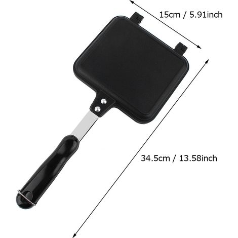 Gofrera doble de aluminio negro de 34,5 cm con revestimiento antiadherente y ganchos para guardar sándwiches y tostadas. (1/5)