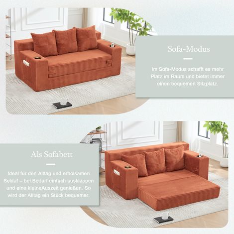 Dreier-Sofa aus Baumwoll- und Leinenstoff, mit Getränkehalter und seitlichen Taschen, kann in drei Sitzplätze umgewandelt werden, rahmenloser Design mit gestrickten Kissen und Rückenlehne, großes Sitz (1/5)
