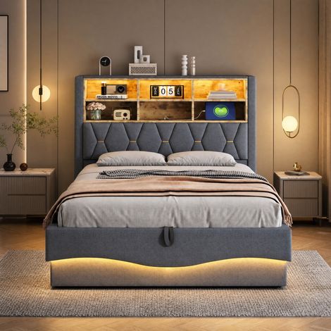 DESMIU Lit coffre 140 × 200 cm 2 places avec LED, USB et rangement, sans matelas, en métal, gris (1/5)