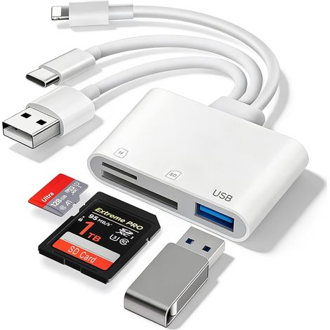 Lecteur de Carte SD USB A/C Lightning vers SD/Micro SD/USB, 3 en 3 Adaptateur OTG Lecteur de Carte Mémoire pour SD/Micro SD/USB, Adaptateur Carte SD pour iPhone iPad/Android/Windows/MacOS (1/5)