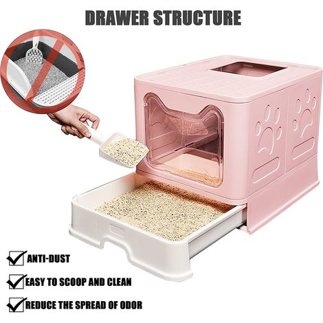 Aqrau WC toilettes pour chats,avec porte d'entrée, bac à litière avec pelle, Rose