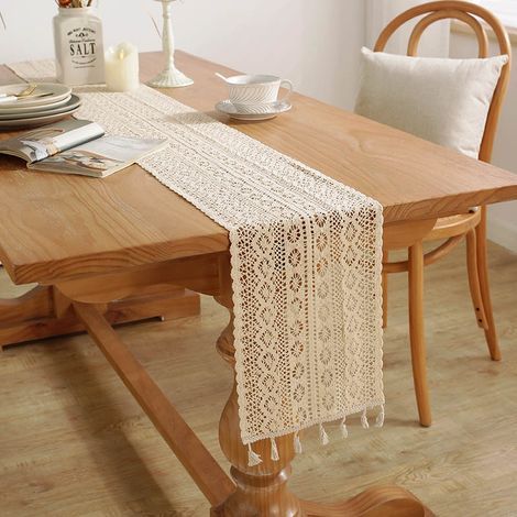 Chemin de Table en Macramé Beige, 24 x 180 cm Chemin de Table en Dentelle Vintage avec Glands, pour Mariage Bohème, Décoration de Table à Manger à la Maison (1/5)