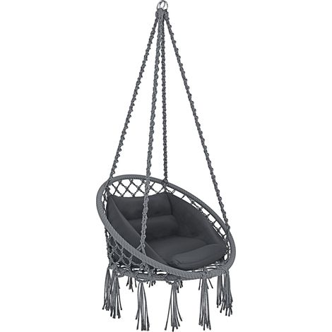 Poltrona Sospesa Pensile Da Giardino Con Corda In Cotone Effetto Macramè E Struttura In Acciaio Cuscino Sedia Dondolo Amaca Con Seduta Imbottita Esterno Terrazzo Design Moderno Fino A 160 Kg Grigio