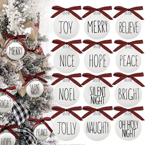 Boules De Noël - 12 Pièces Boules En Plastique Incassable Avec Nœud En Carreaux - Décoration Arbre De Noël Blanc - Diamètre 6 Cm (1/5)