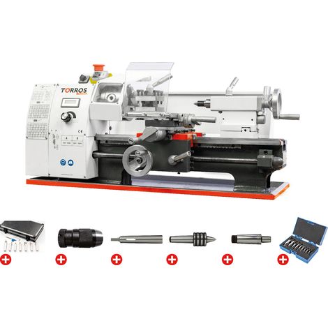 Torros – Tour à métaux d'établi 0,6 kW 230V – Hauteur des pointes 100 mm – Entre-pointes 300 mm – Alésage 21 mm – Vitesse variable 150-2500 min-1