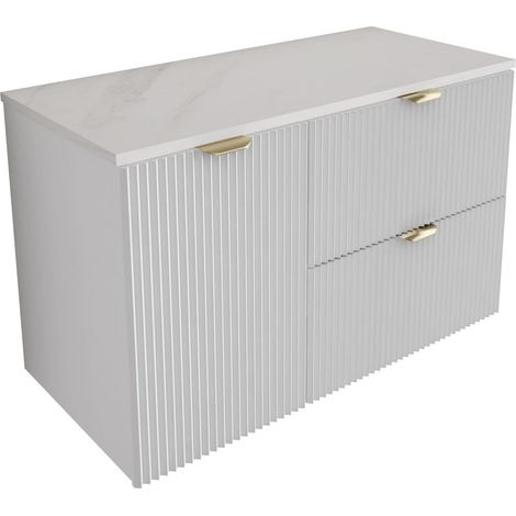 Mobile da bagno con frontale scanalato 100 cm (60+40) con cesto portabiancheria, bianco, piano in marmo (MDF), con maniglia dorata, 100 x 47 x 60 cm (1/5)