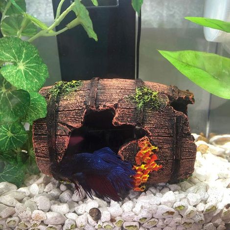 Baril cassé d'aquarium avec décoration de Coquille - Grotte de Baril en Bois pour Aquarium