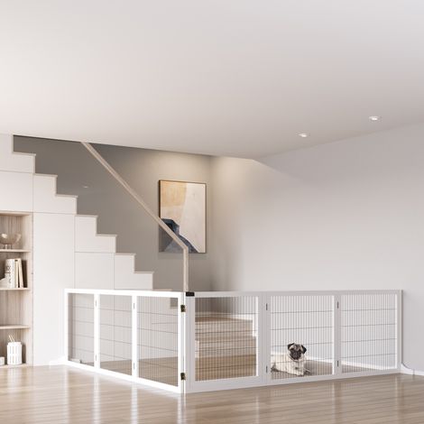 Cancelletto per cani pieghevole PawHut, 432 x 36 x 70 cm, legno di pino, bianco