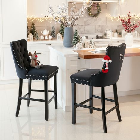 Lot de 2 Tabourets de Bar en Velours - Capitonnage boutonné, pieds en bois et rivets chromés décoratifs - style nordique - Noir (1/5)