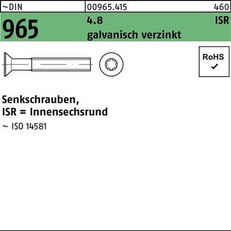Vis à tête fraisée DIN 965 ISR M6x20-T30 4.8 galv. 1000p.