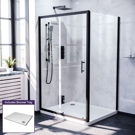 Magna 1200mm Shower Sliding Door, 700mm Frameless Glass Side Panel Screen & Tray Matte Black (1/5)