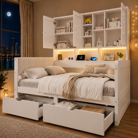 Cama 90/200 cm blanca con LED, USB y almacenaje (1/5)