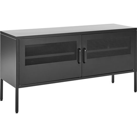 Aparador de metal negro 118 x 40 cm 2 puertas malla estantes gestión cables Morley