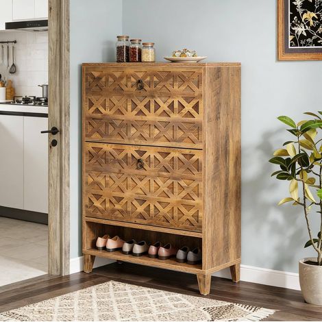 Schuhschrank aus MDF und Holz in Braun 80 x 24 x 110 cm mit 2 Klappen und verstellbaren Inneneinlagen (1/5)
