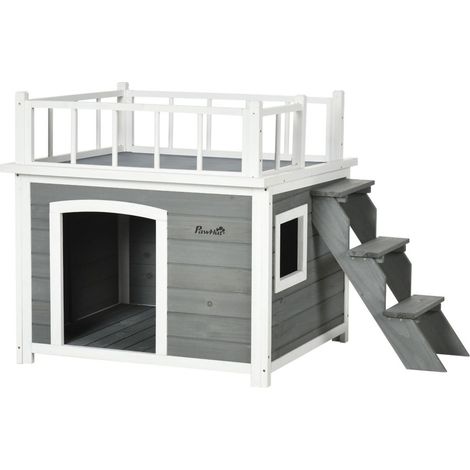 Niche pour chiens avec balcon, maison surélevée pour petits animaux avec escaliers, fenêtre, grotte pour chiens de taille moyenn (1/3)