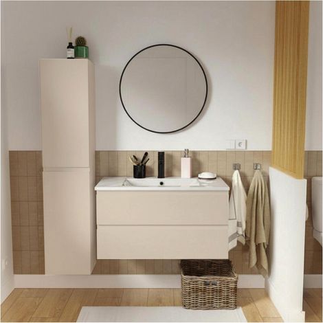 Mobile bagno 80cm con piano ceramica, rubinetto, specchio e colonna SORRENTO