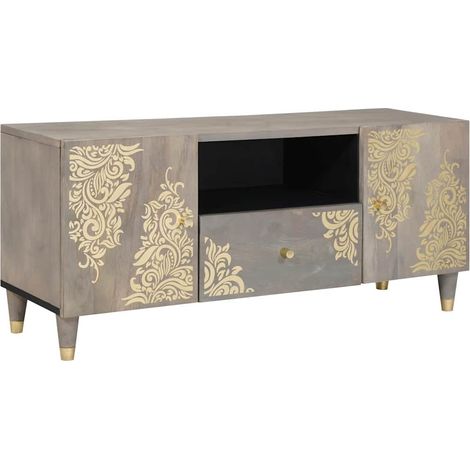 Meuble TV minimal moderne avec rangement pratique 105 x 33 x 46 cm en bois de mangue gris