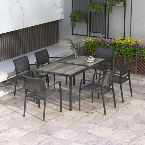 Lot de 7 mobiliers extérieur : 1 table + 6 sièges pliants en acier gris anthracite et résine tressée, pour balcon ou jardin.