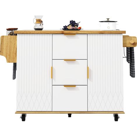 Chariot de cuisine avec plan de travail rabattable et prise de courant, meuble d’îlot de cuisine mobile sur roulettes, aspect bois blanc, charge 70kg (1/5)
