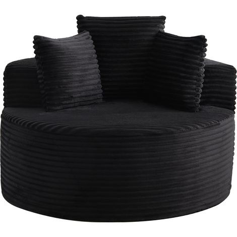 Fauteuil rond en velours côtelé noir, fauteuil lounge une place diamètre 110 cm avec trois coussins et larges accoudoirs (1/5)