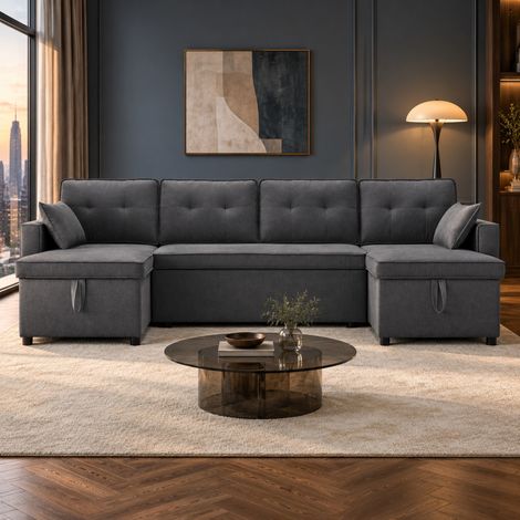 Sofá cama 270x130x86 cm de tela gris con almacenaje para salón -FLORAGRACE (1/5)