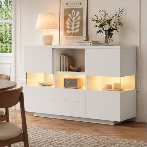 Credenza in legno ingegnerizzato bianco 140 x 35 x 75 cm, design a doppio livello con cassetti e vetrina (1/5)