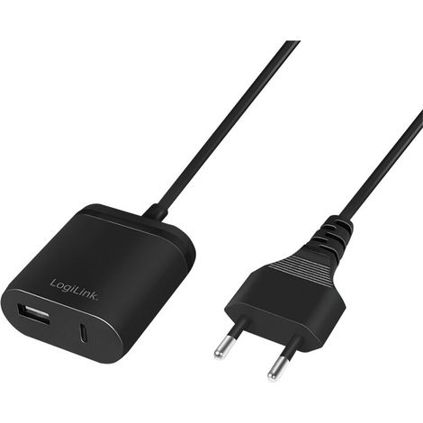 LogiLink 12W USB-Wandladegerät mit 1x USB-A- und 1x USB-C-Kabel (1,5 m), Schnellladefunktion, schwarz