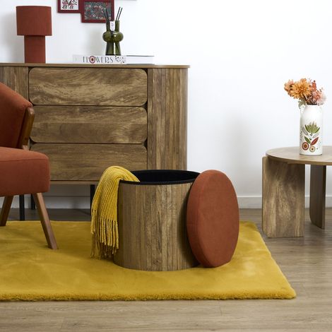 Pouf - HOME DECO FACTORY - Jules - Rond - Côtelé - Rouge (1/4)