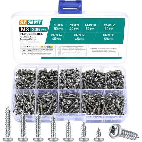 Ensemble de vis auto - taraudeuses en acier inoxydable 335 pièces, vis à tête discontinue m3, vis cruciformes pour plastique, bois et métal (1/5)