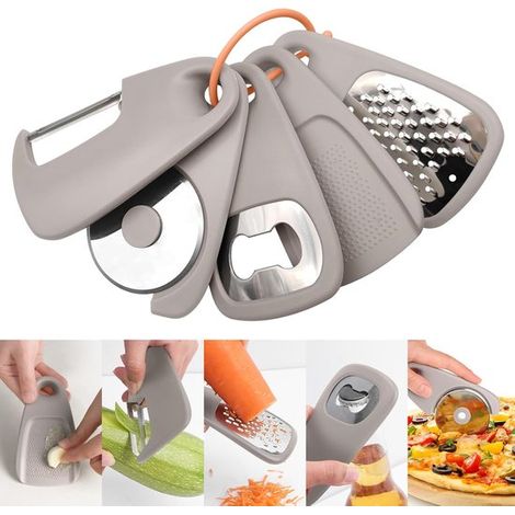 Utensilios de cocina 5 en 1: utensilios de cocina que ahorran espacio: pelador, molinillo de ajos, Accesorios de camping de acero inoxidable (1/5)