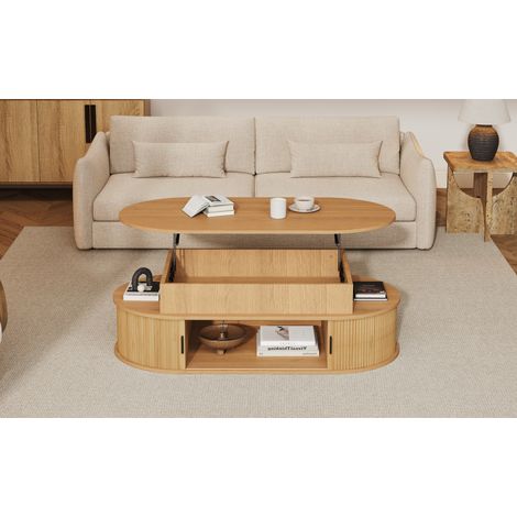 Ovaler Couchtisch mit Hubplatte 100x50x40 cm aus MDF mit Stauraum – MEUBLIV (1/5)
