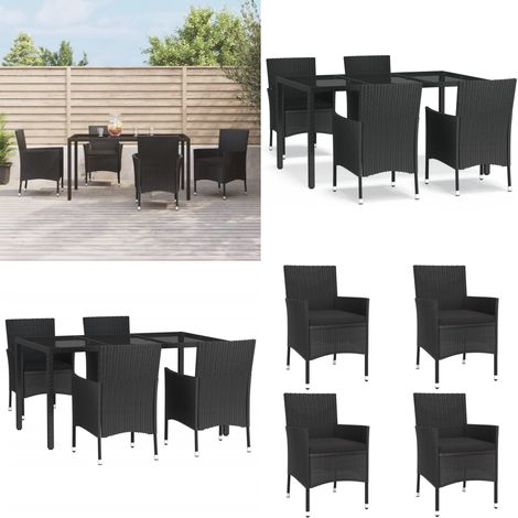 5-tlg. Garten-Essgruppe mit Kissen Schwarz Poly Rattan - Gartensessel - Gartentisch - Outdoor Möbel - Gartenmöbel Set - Polyrattan Gartenmöbel - Home & Living