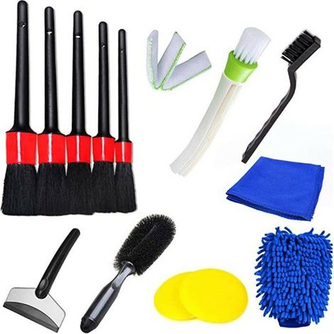 Set di spazzole per la cura dell'auto, comprensivo di spazzola per dettagli, spazzola per pneumatici e panno in microfibra per la pulizia degli interni (cruscotto, motore, pelle, cerchi) - 13 pezzi. (1/5)