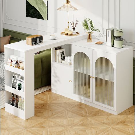 Table bar rotative 360° en MDF blanc 120x40x97 cm avec rangement et portes en verre (1/5)
