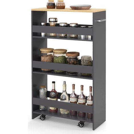 Carrello sottile da 20cm con ruote e ripiani aperti Carrello utilitario estraibile da cucina a 4 ripiani Grigio (1/4)