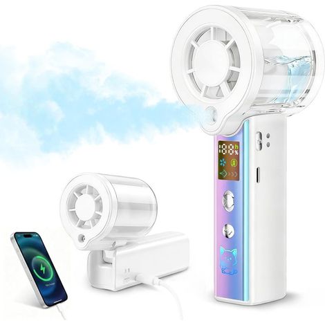 Ventilateur Portable Brumisateur avec Écran LED 3000mAh, Fonction Power Bank et Lampe de Poche Idéal pour Voyage Bureau Extérieur Blanc - (1/4)
